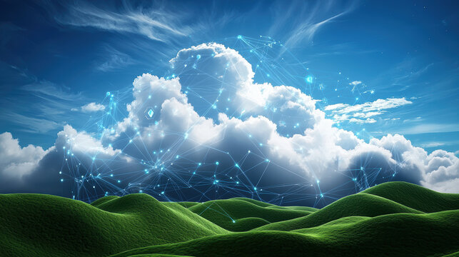 serene landscape with digital clouds and rolling green hills, evoking tranquility and connection