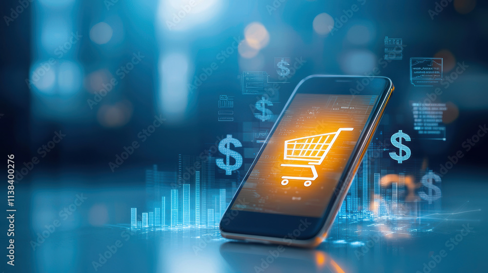 Poster smartphone displaying shopping cart icon with digital elements