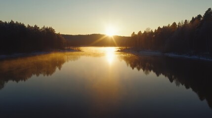 Fototapeta premium Serene sunrise over Finland forest lake, frosty shores, clear reflections, and mist rising in golden morning light.