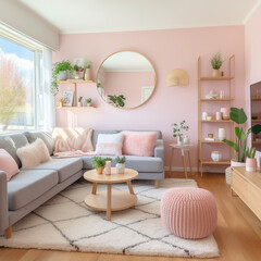Modern living room with sofa and plants.
