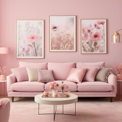 Modern living room with sofa and pictures on the wall. Pink color concept.
