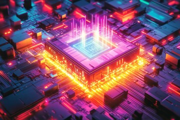 Fototapeta premium Futuristic CPU Neon Circuit Board Technology Background Digital Data Flow Innovation AI High Tech
