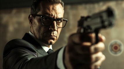 CEO in sleek business suit confidently aiming toy pistol at target on wall, symbolizing strategic leadership and decision-making in corporate environment.