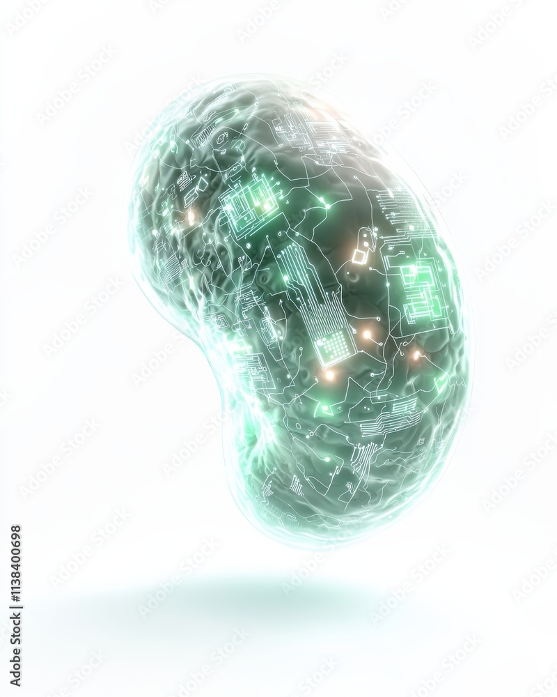 Poster action-packed exploration of genetically engineered glowing bacteria model in a futuristic science l
