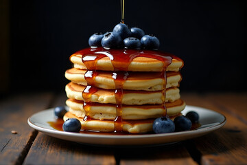 Golden Homestyle Pancakes with Fresh Blueberries and Maple Syrup on Rustic Wood