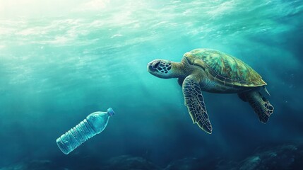 Obraz premium Sea turtle swimming near plastic bottle in ocean. (1)