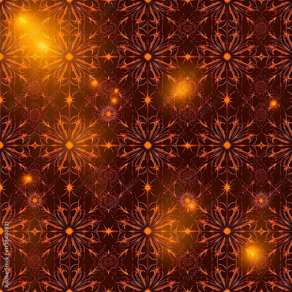 Poster intricate pattern with glowing lights: a seamless pattern of intricate, ornate designs, radiating wi