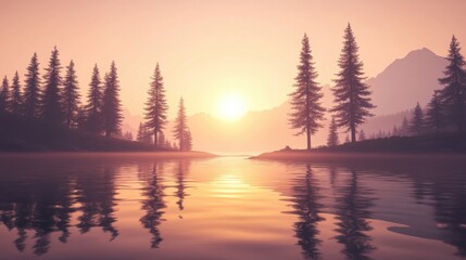 Sunrise in a river valley, morning fog lingering among pine trees, capturing the magic of nature in detail.