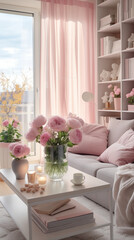 Modern living room with sofa and pink flowers.