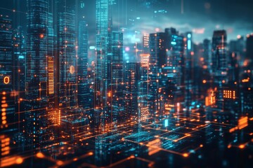Fototapeta premium Futuristic Cityscape Digital Network Smart City Technology Data Innovation Glow