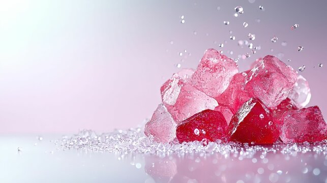 background concept. Colorful ice cubes with bubbles on a reflective surface.