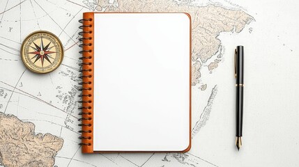 background concept. Blank notebook with a pen and compass on a world map background, ready for adventure planning.