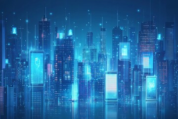 Fototapeta premium Smart Cityscape Mobile Tech Digital Network Futuristic Buildings Night Scene