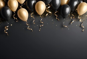 The image features a dark, elegant celebration background with black and gold balloons lined up along the top edge. Each balloon has gold spiral ribbons hanging down, giving a festive look.