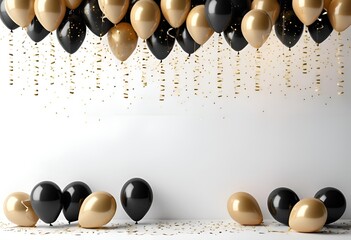 The image features a dark, elegant celebration background with black and gold balloons lined up along the top edge. Each balloon has gold spiral ribbons hanging down, giving a festive look.