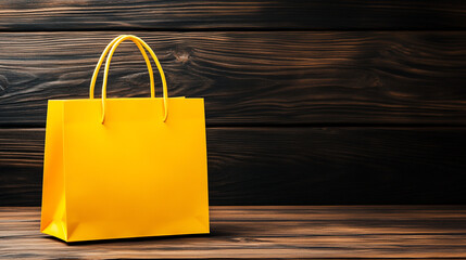 Yellow shopping bag on rustic wood backdrop; ideal for retail or ecommerce visual content.