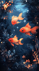 Game level. Cartoon underwater landscape with seaweed, corals, bioluminescent plankton, glowing air bubles. Game mock up image faitytale magic under water background with, corals, shells, blue water