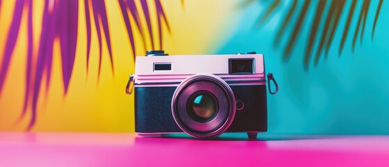 Obraz premium Vintage pop Concept. A vintage camera sits in front of vibrant, colorful backgrounds with tropical leaves, creating a lively, artistic atmosphere.