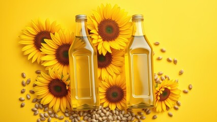Fototapeta premium Two Bottles of Sunflower Oil Surrounded by Yellow Sunflowers and Seeds on a Bright Yellow Background