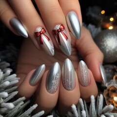 silver ones Christmas nails with red ribbons