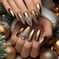 Christmas golden nails with leaf decoration