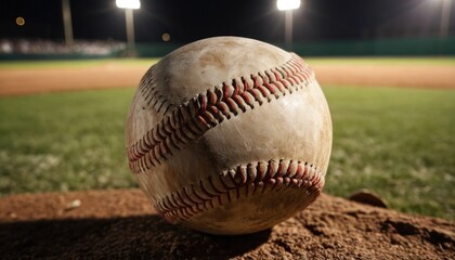Closeup white old baseball ball during game at stadium illuminated by the headlights. Evening Light on the baseball Field