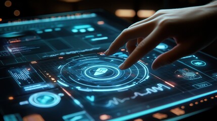 Obraz premium Hand interacting with futuristic touchscreen interface.