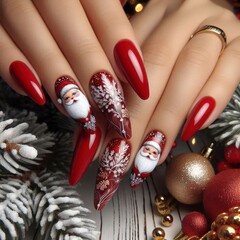 red nails with christmas santa claus decoration