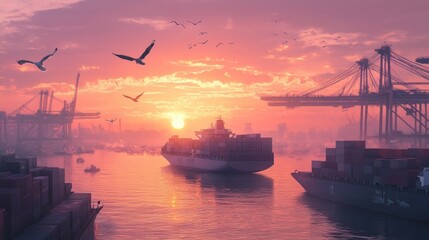 Fototapeta premium Container ship at sunset in a busy port.