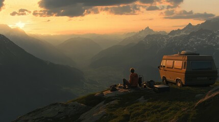 Naklejka premium Sunrise over the French Alps, an RV on a mountaintop with a cozy camping setup and dramatic mountain views.
