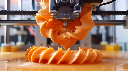 A close-up of a 3D printer in action creating a detailed object,