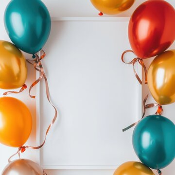 New Year Background, A colorful arrangement of balloons surrounding a blank frame, perfect for celebrations and party decorations.