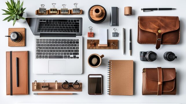 Flat lay of workspace with laptop, stationery, leather goods, and camera.
