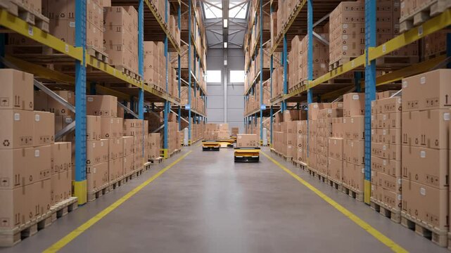 Autonomous AGV robots transporting cardboard boxes in an automated warehouse or distribution logistics center. Smart warehouse automation concept. Realistic high quality 3d rendering animation.