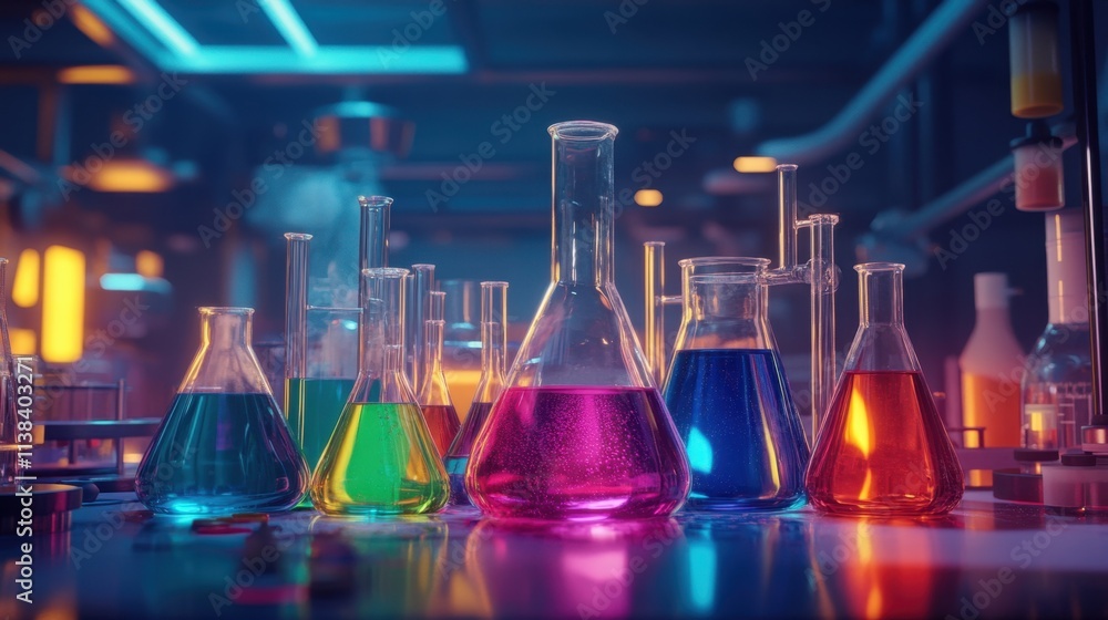 Aufkleber test tubes and flasks filled with an array of colorful solutions, glowing under a bright lab light, 