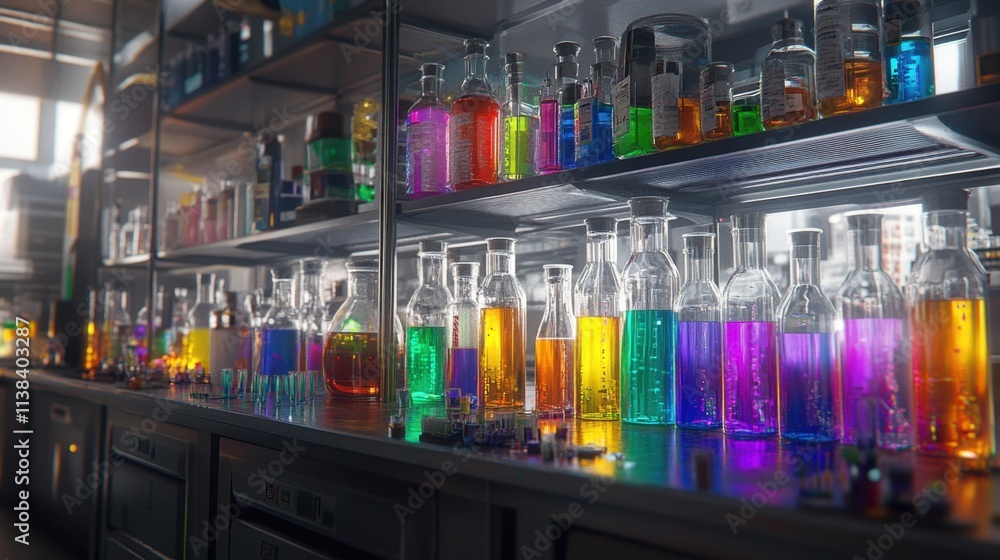 Poster test tubes and flasks filled with an array of colorful solutions, glowing under a bright lab light, 
