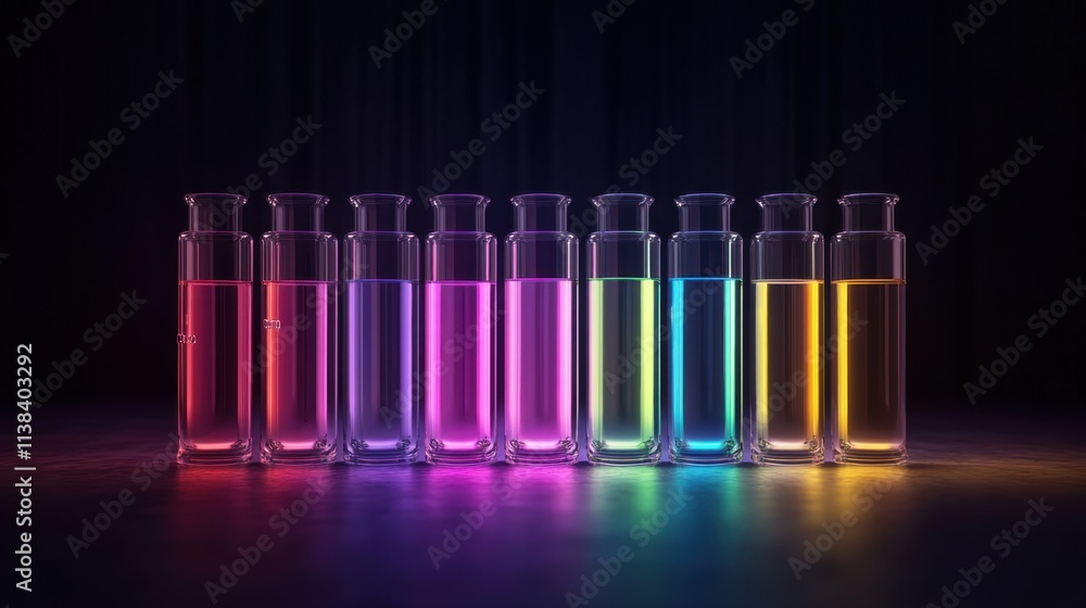 Poster test tubes and flasks filled with an array of colorful solutions, glowing under a bright lab light, 
