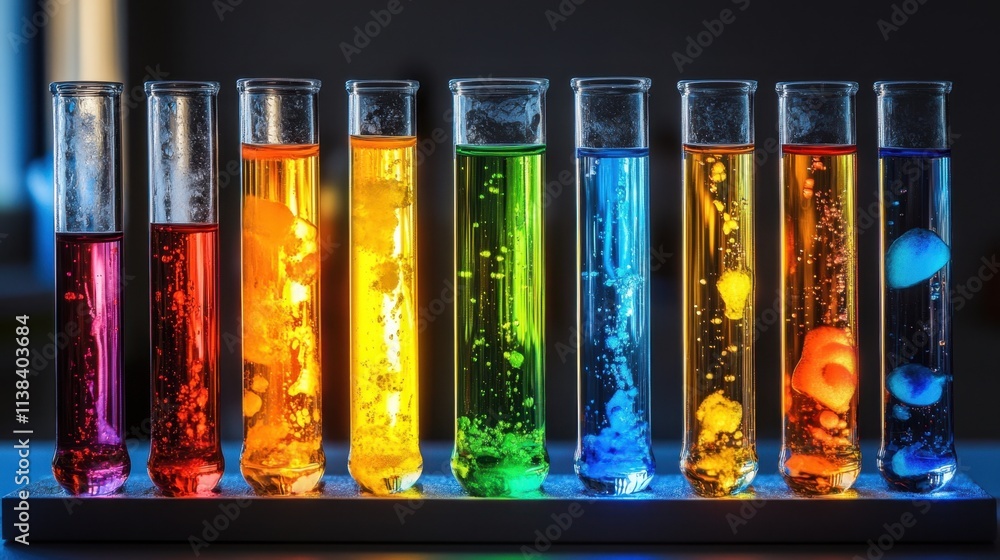 Poster test tubes filled with vibrant liquids glowing under laboratory light, creating a realistic and deta