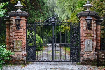 Iron Gates. Entrance Gate Design with Ornate Metal Fence and Home Lanterns