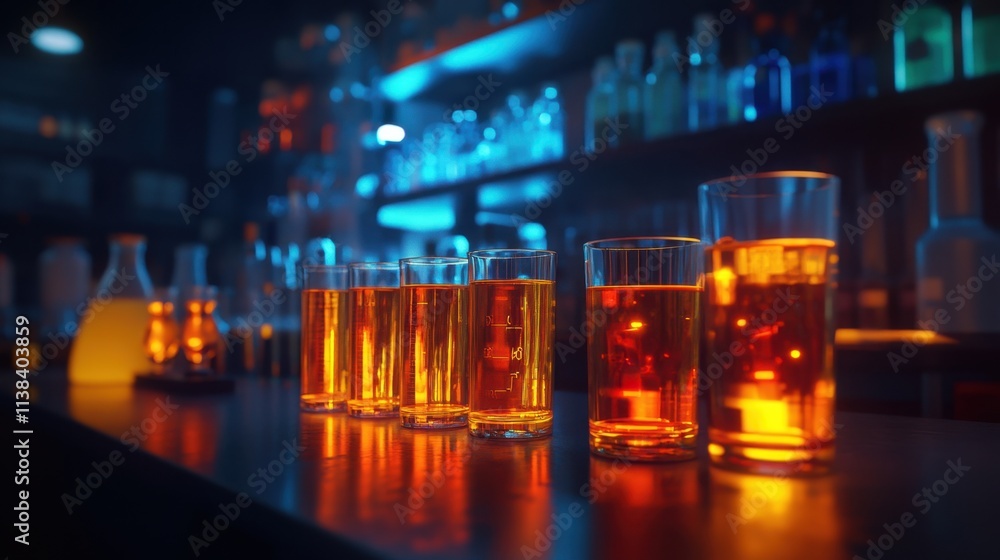 Poster test tubes filled with vibrant liquids glowing under laboratory light, creating a realistic and deta
