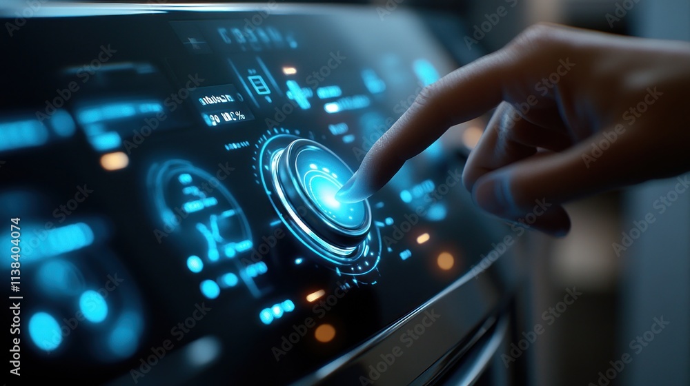Poster hand interacting with futuristic digital interface.