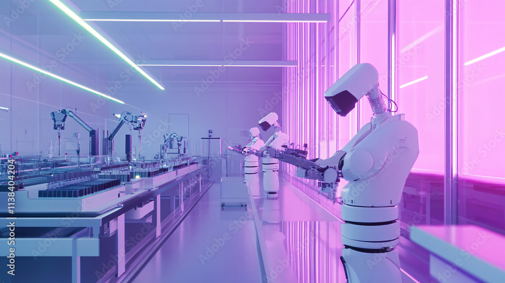 Poster a cleanroom environment features advanced robotic arms working on semiconductor components under vib