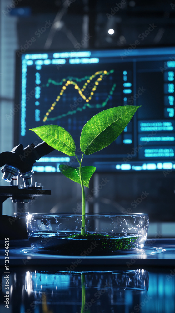 Poster a close-up of a genetically modified plant growing in a lab environment with data charts on the scre