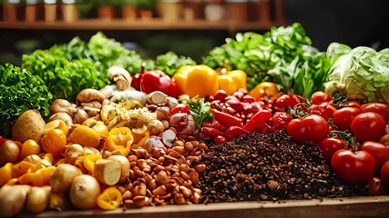 A pile of mixed organic waste, including vibrant vegetable scraps, decomposing in soil under natural sunlight