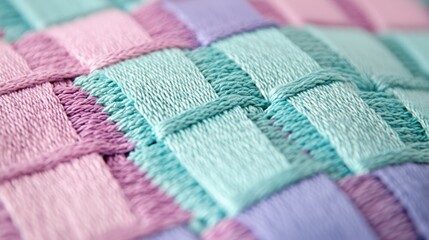 A close-up of a colorful woven fabric featuring pastel shades of pink and teal, showcasing intricate patterns and textures.