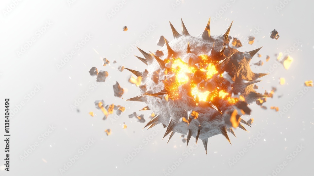 Poster exploding mutated virus particle in a laboratory environment 3d scientific visualization digital art