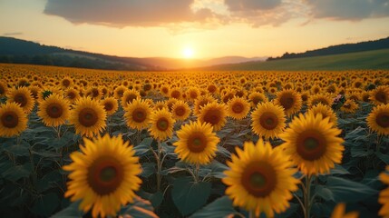 Fototapeta premium A vibrant field of sunflowers at sunset, showcasing nature's beauty and tranquility.