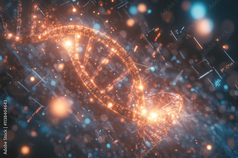 Poster a conceptual image of a glowing dna strand surrounded by sparkling lights and abstract shapes illust