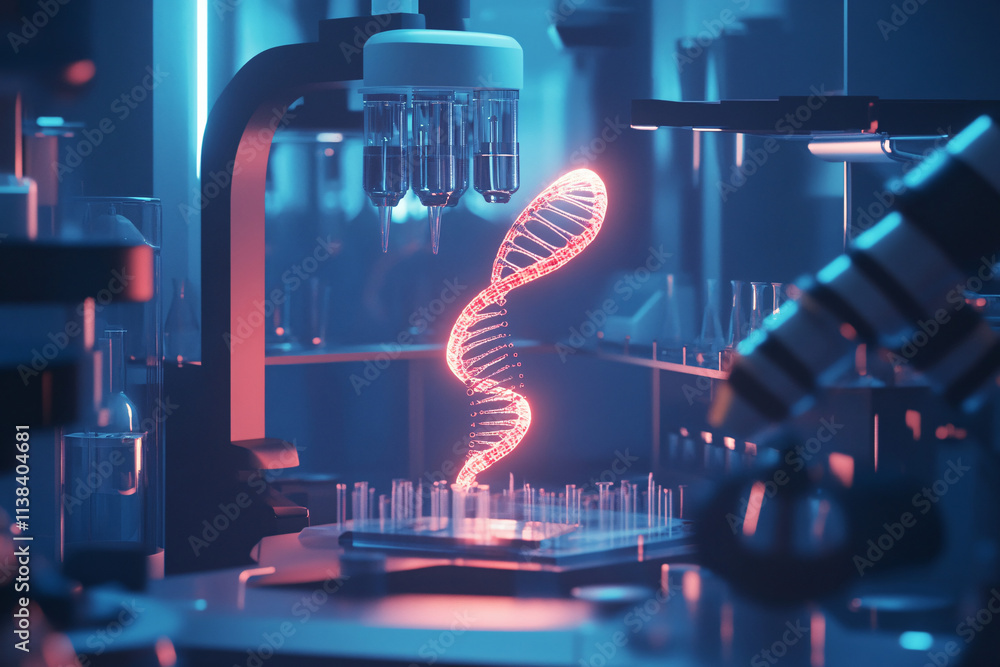 Poster a conceptual image of a glowing dna strand in a laboratory setting with futuristic equipment illumin
