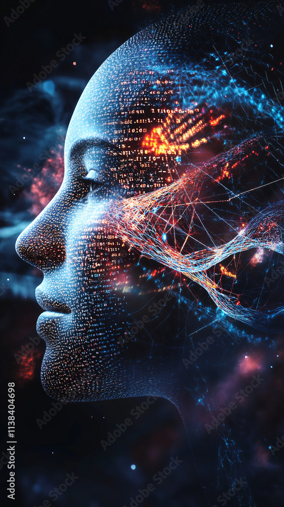 Poster a conceptual image features a human face with abstract digital patterns and glowing data lines, symb